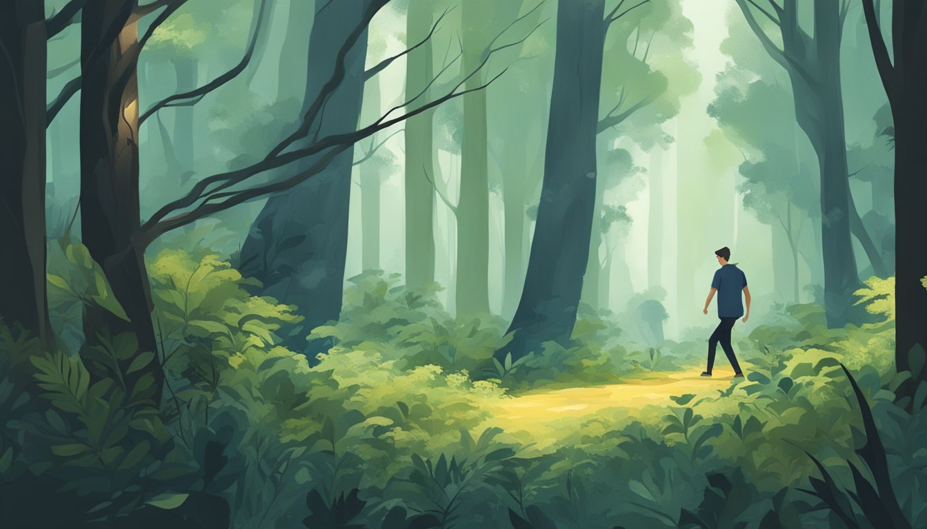 A figure moving silently through a dense forest, carefully avoiding twigs and leaves, with a keen focus on the surrounding environment