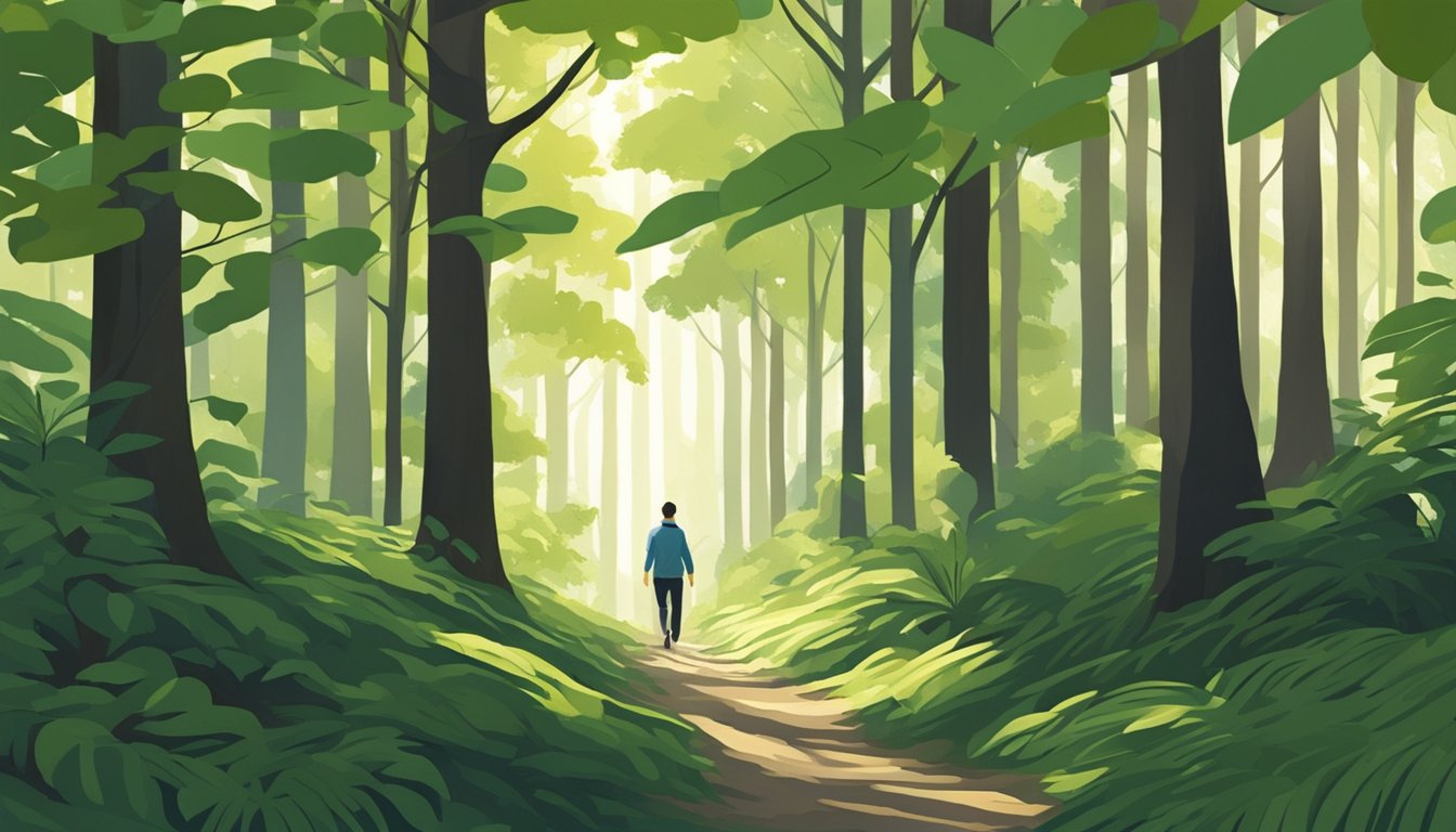 A lone figure moves gracefully through a dense forest, blending seamlessly with the natural surroundings. The dappled sunlight filters through the leaves, casting a pattern of shadows on the forest floor