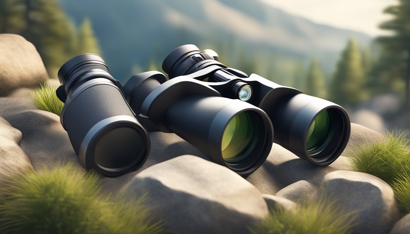 A pair of binoculars and a camera lens positioned on a rocky terrain, with a variety of natural elements such as trees, grass, and sunlight