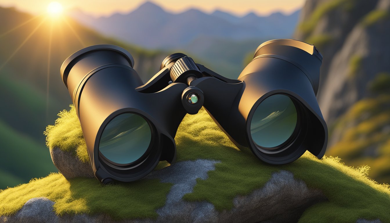 A pair of binoculars resting on a moss-covered rock, with the sun setting behind a mountain and casting a warm golden glow over the landscape