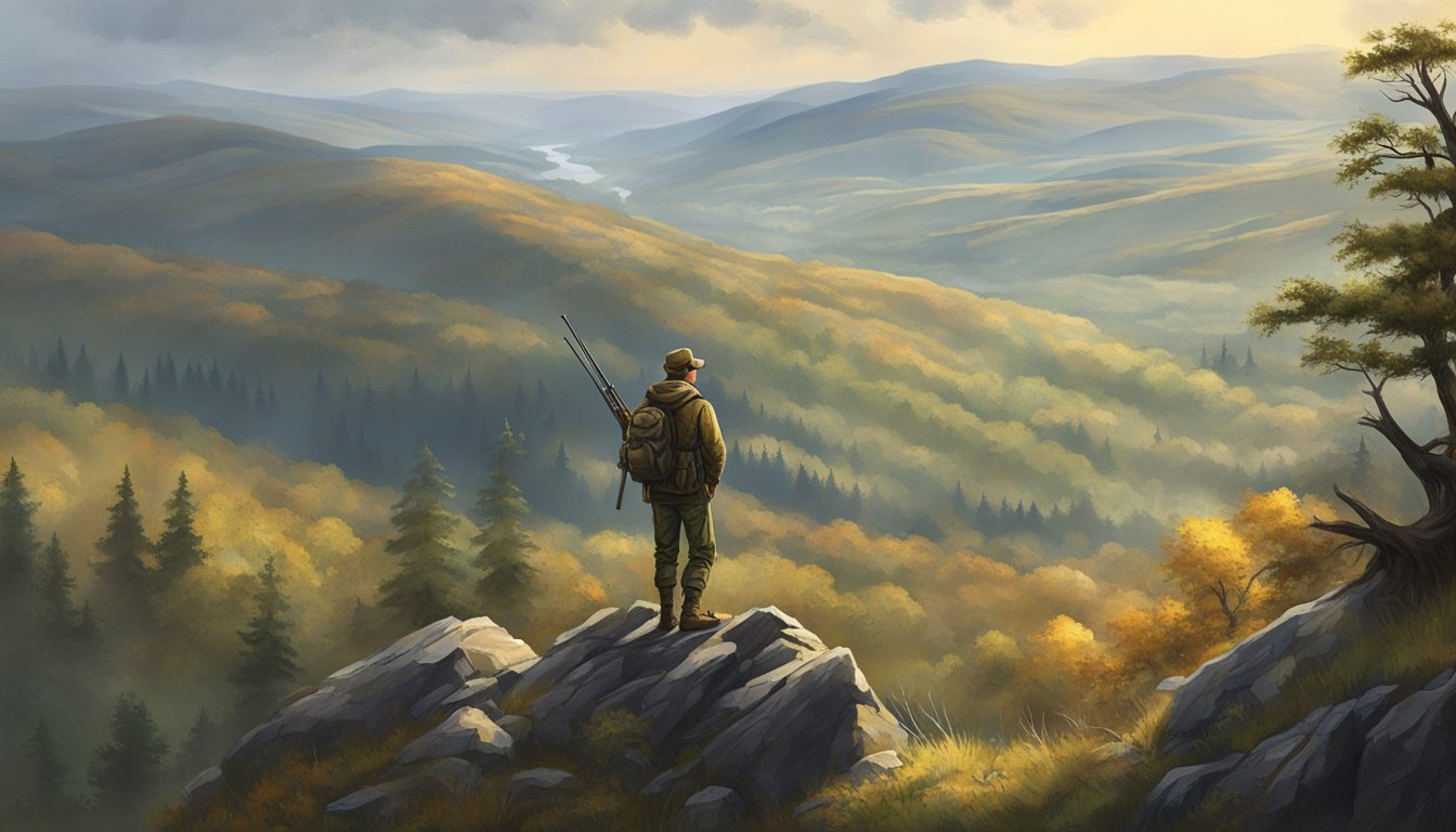 A hunter stands on a ridge, surveying the rugged terrain below. Rolling hills and dense forests stretch out in the distance, creating a challenging but promising landscape for a successful hunt