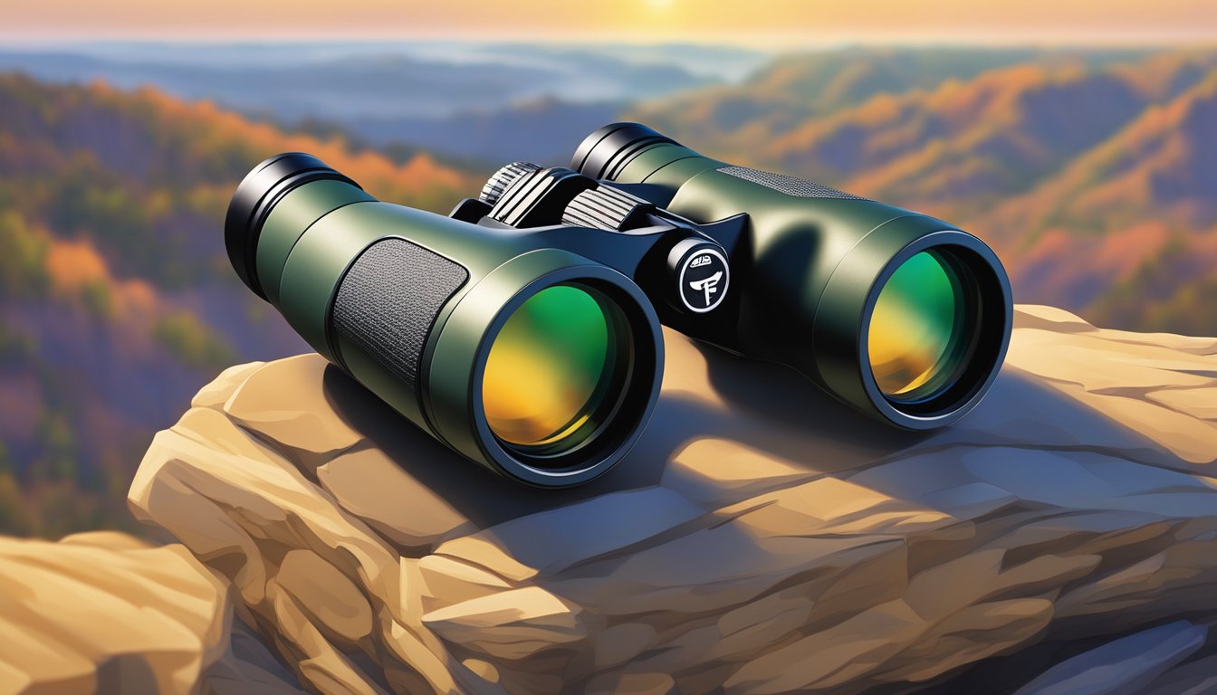 A pair of binoculars set against a backdrop of varying light conditions, from bright daylight to dim twilight, showcasing their ability to maximize vision for target identification