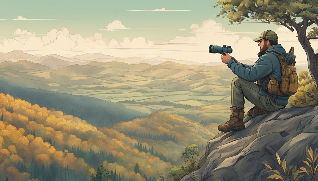 A hunter stands on a ridge, scanning the landscape with binoculars. Rolling hills and dense forests stretch out before them, with potential hunting spots marked on a map