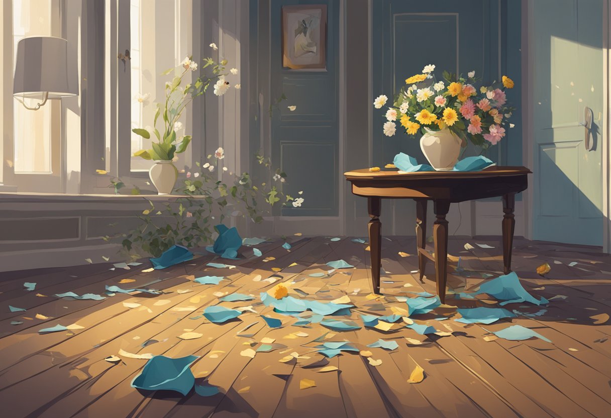 A broken vase on the floor, scattered flowers, and a disheveled table in a dimly lit room