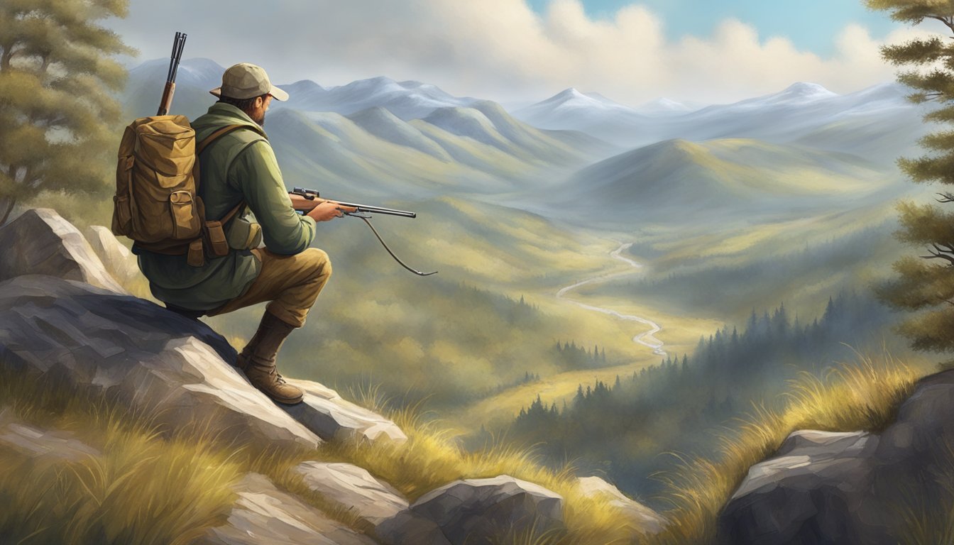 A hunter silently navigates rugged terrain, carefully reading the ridges and valleys for signs of game