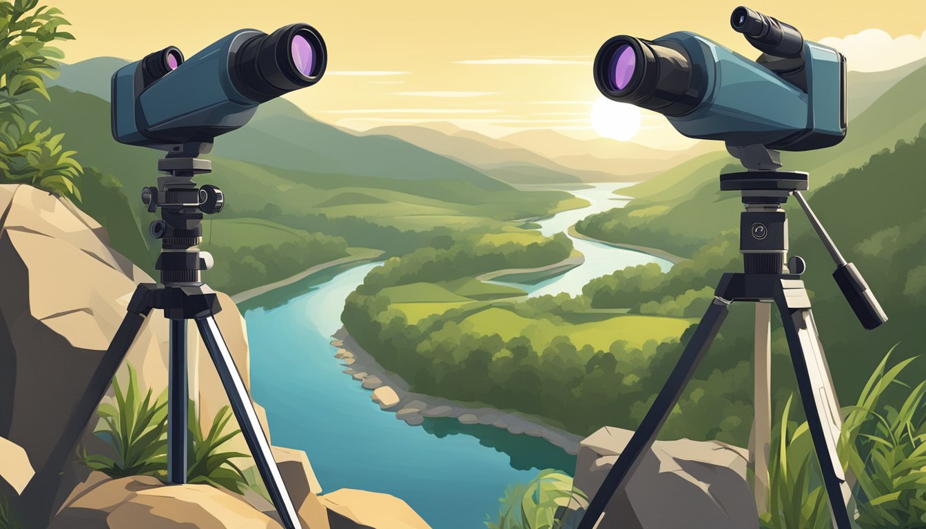 A pair of binoculars and a camera on a tripod sit on a rocky outcrop, overlooking a lush, sun-drenched valley with a winding river below