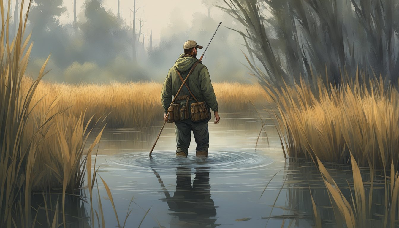 A hunter wading through a murky swamp, surrounded by tall grasses and cattails, carefully navigating the waterlogged terrain