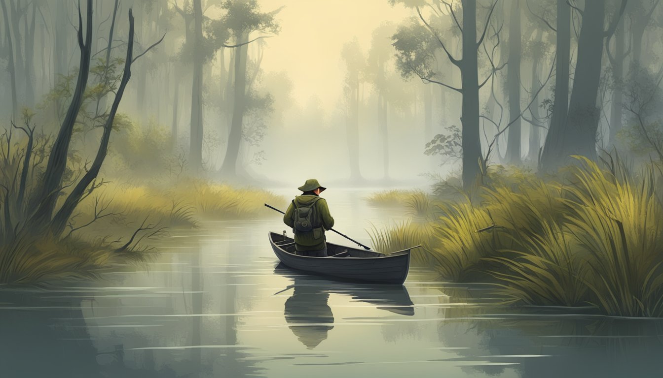 A hunter silently navigates through a dense, misty swamp, carefully scanning the murky water and overgrown vegetation for potential prey