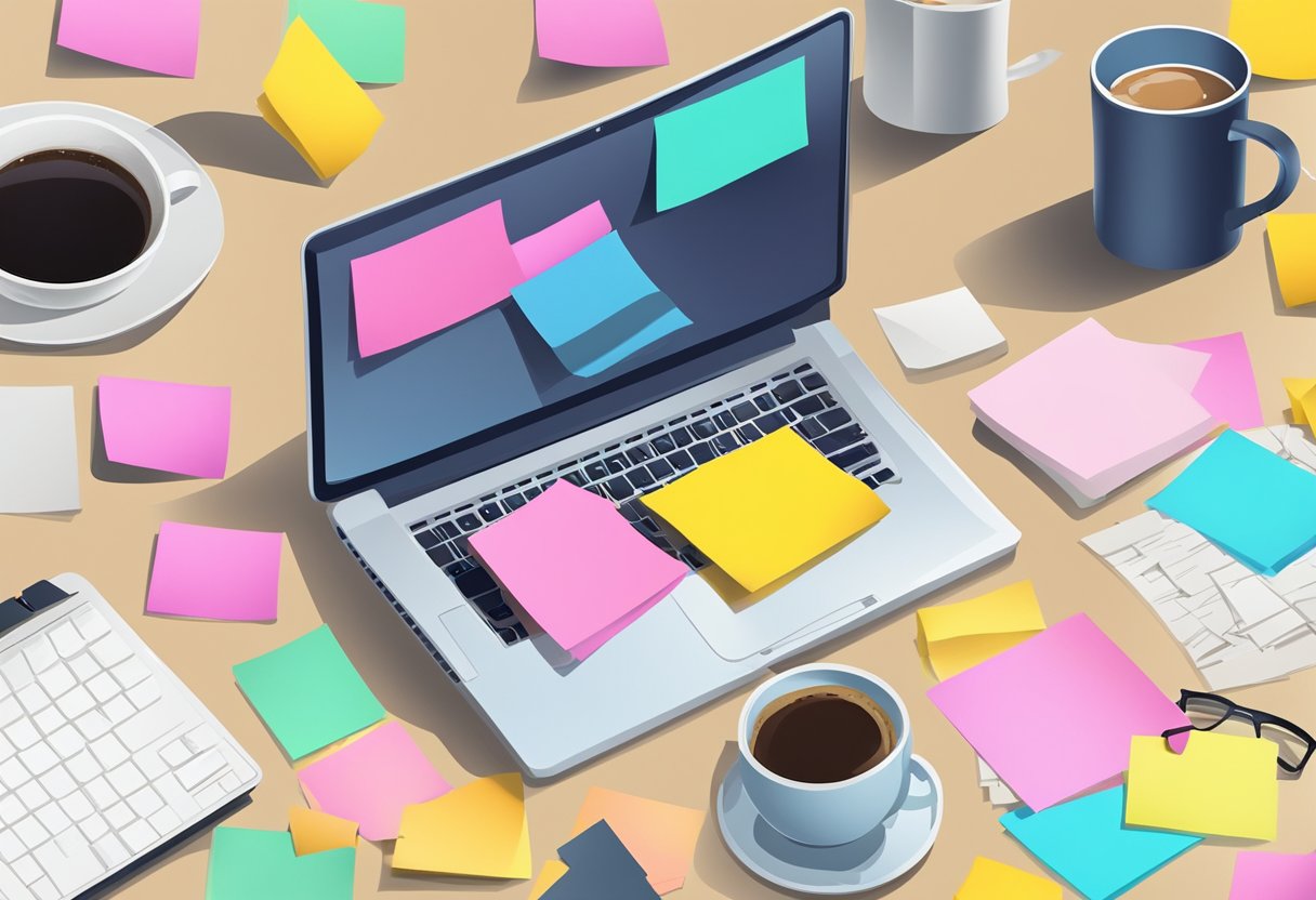 A laptop surrounded by scattered papers, a brainstorming board filled with colorful sticky notes, and a mug of coffee on a desk