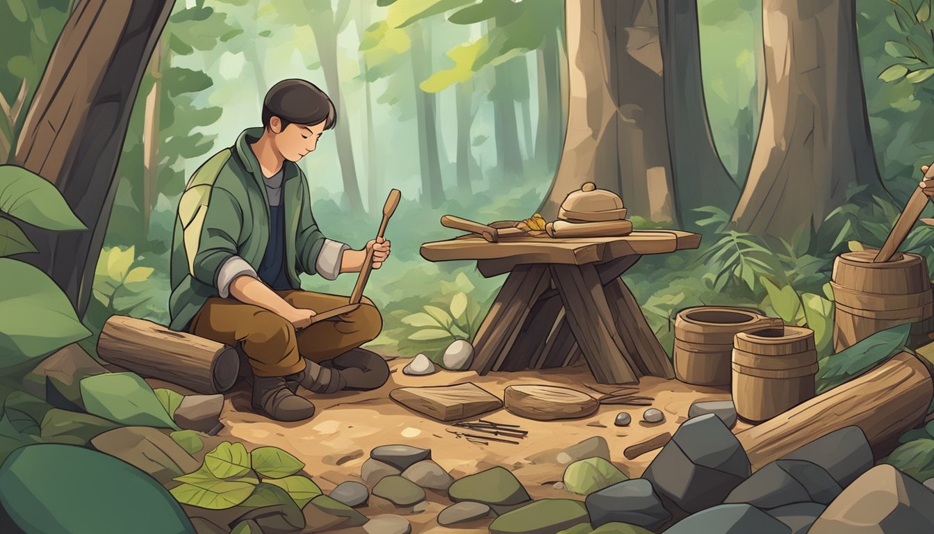 A person sitting in a forest, surrounded by natural materials like wood, leaves, and stones, crafting tools using traditional methods