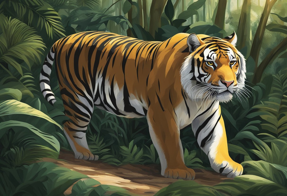 Mike Tyson's tiger wanders through a dense jungle, its sleek fur catching the dappled sunlight filtering through the trees