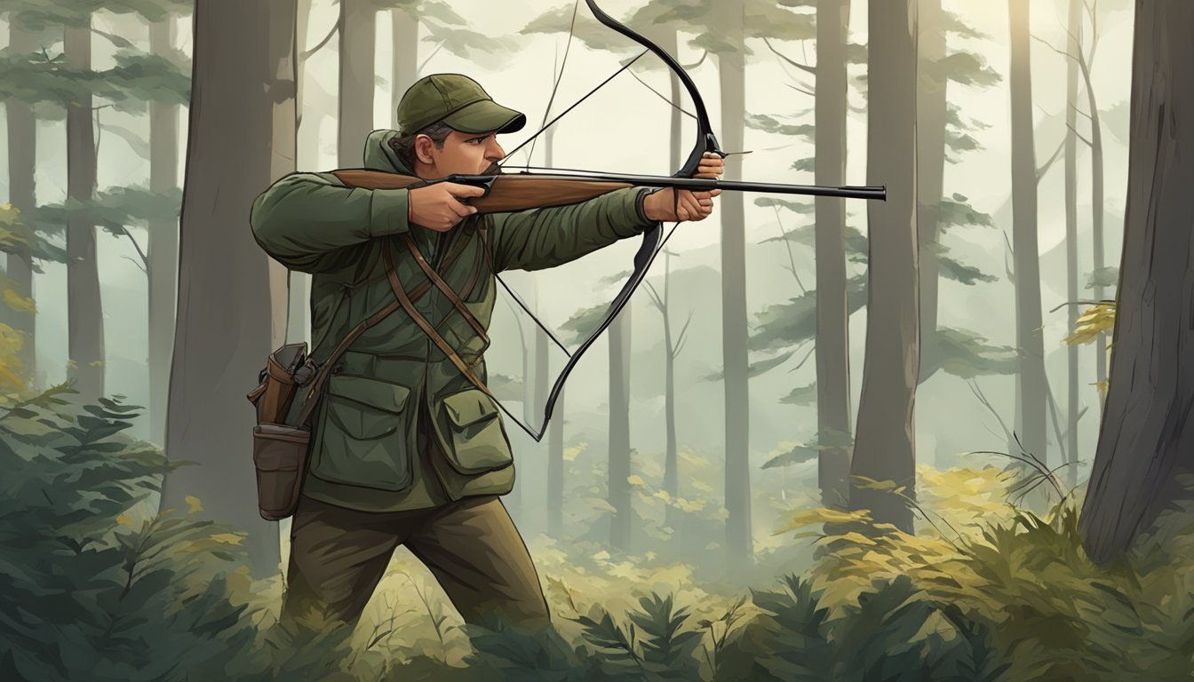 A hunter standing in a peaceful forest, focused and calm, with a bow in hand, taking slow, deliberate breaths