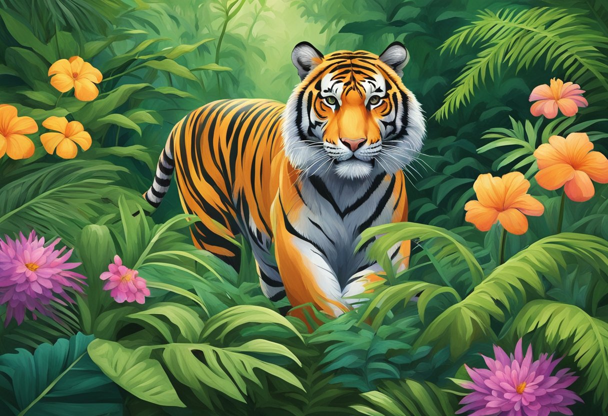 A tiger roams freely in a lush jungle, surrounded by vibrant green foliage and colorful flowers. The tiger's powerful presence is captured as it prowls through the dense vegetation