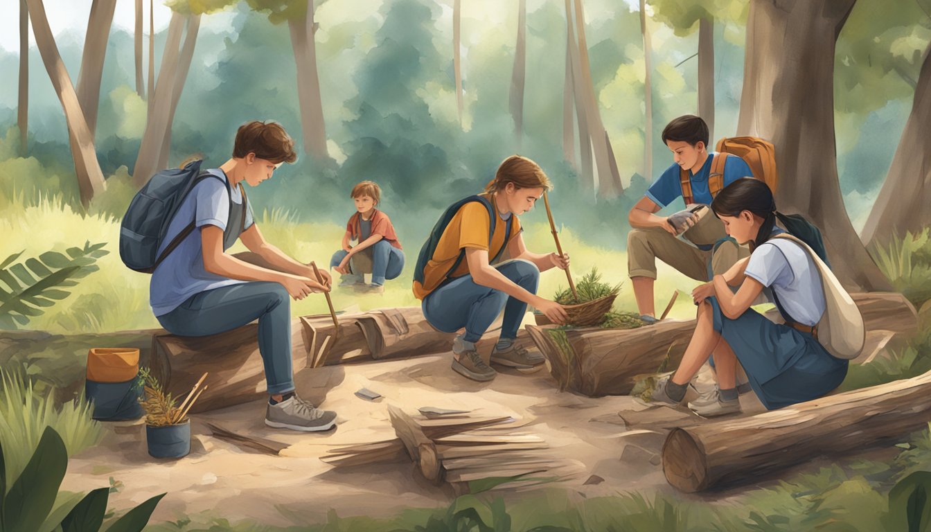 A group of students gather outdoors, using natural materials to create tools for learning in an educational setting