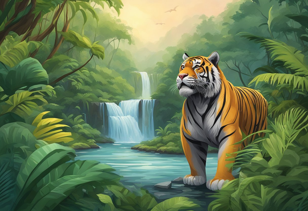 Mike Tyson's tiger roams freely in a lush jungle, surrounded by vibrant greenery and a serene waterfall