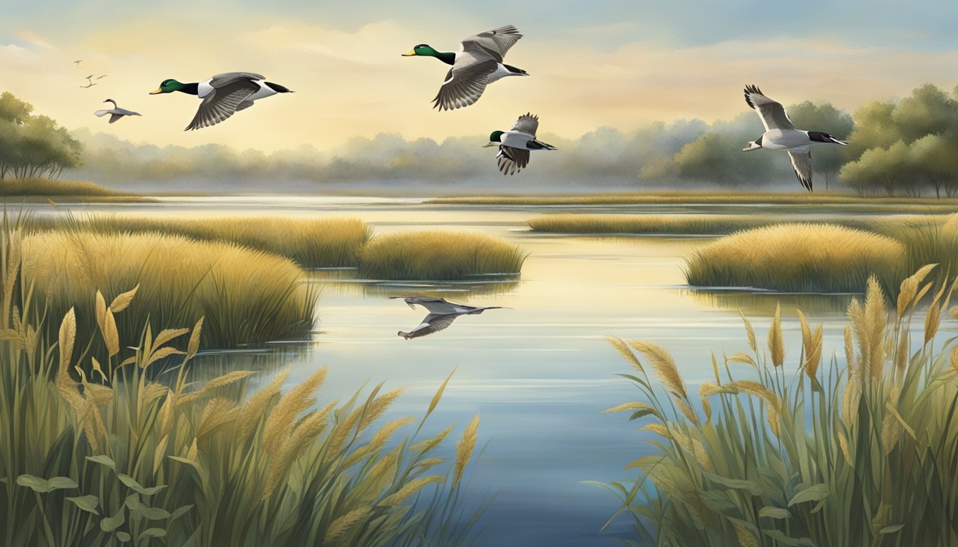 A serene wetland landscape with ducks in flight, marsh grasses, and waterfowl habitat conservation signage