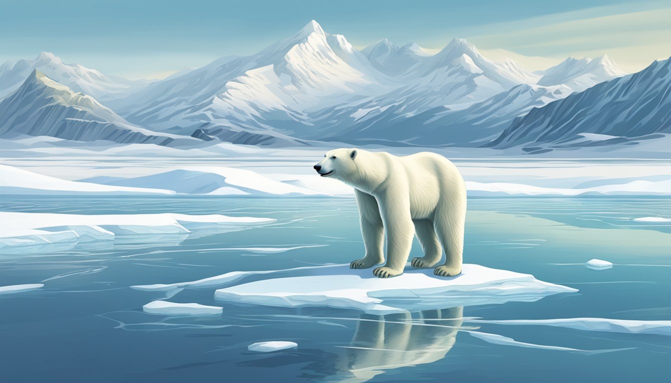 A polar bear traverses a vast, icy landscape, with snow-covered mountains in the background and a frozen sea stretching out before it