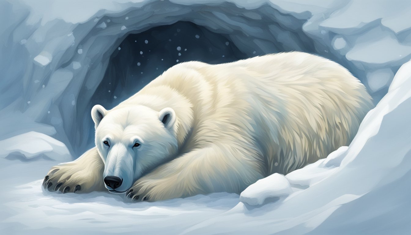 A polar bear nestled in a snowy den, surrounded by thick fur and a layer of blubber, with steam rising from its breath