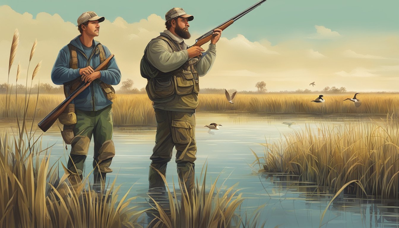 A group of duck hunters stand in a wetland, surrounded by tall grass and marshland. They are actively engaging in conservation efforts, advocating for the protection of the natural habitat