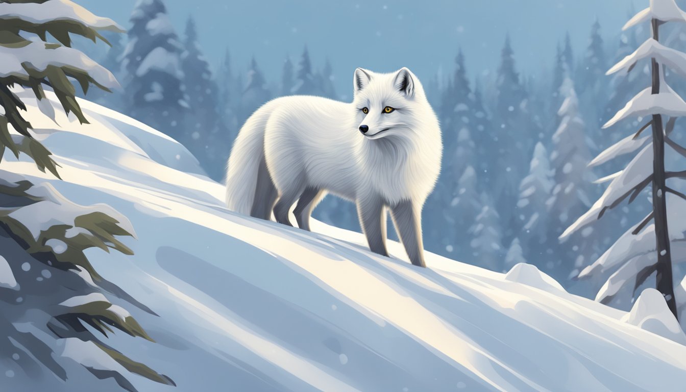 An arctic fox camouflaged against snowy terrain, with thick fur and small ears to minimize heat loss, hunting for food