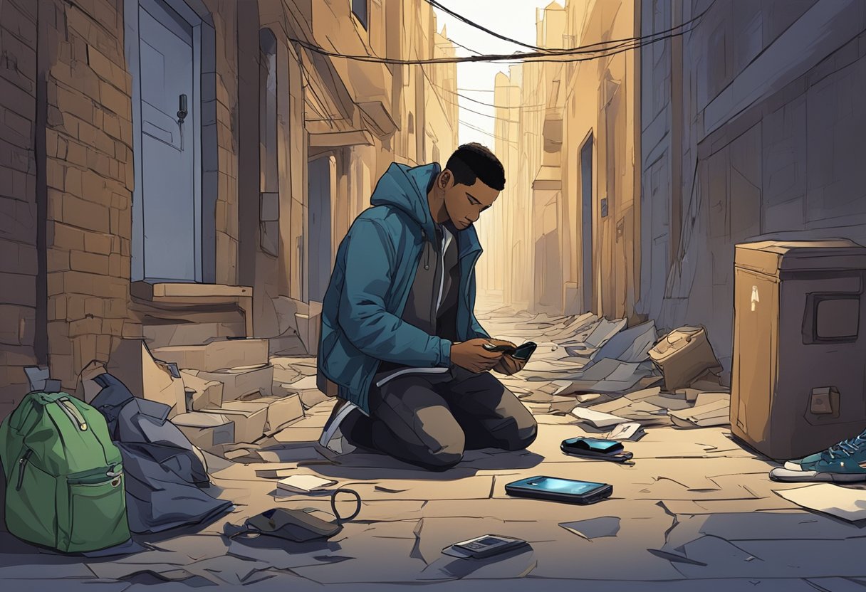 Mohbad's belongings scattered in a dimly lit alley, a torn jacket and broken phone lay abandoned on the ground. A shadowy figure lurks in the background