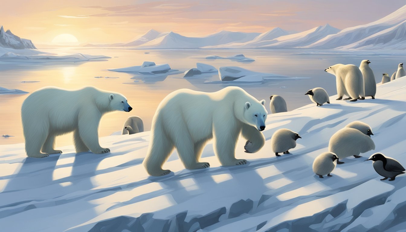 A polar bear with thick fur and large paws walking across a snowy landscape, while a group of penguins huddle together for warmth on an icy shore