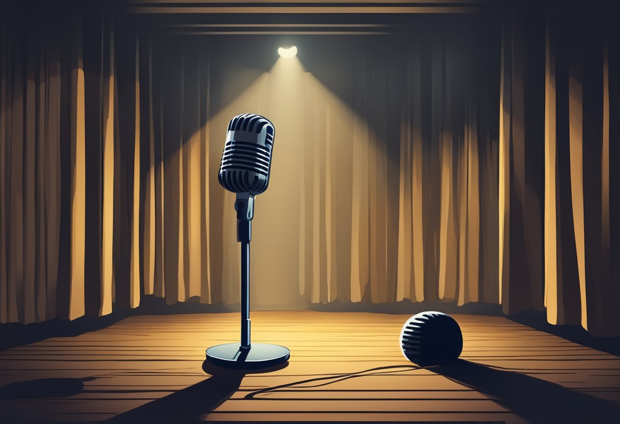 A microphone stands alone on a dimly lit stage, casting a long shadow as if waiting for the return of Mohbad