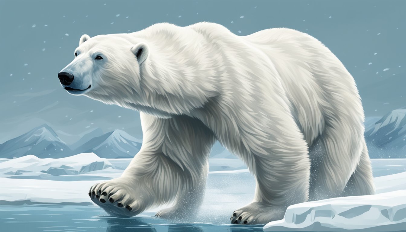 A polar bear navigating through icy terrain, with a howling wind and snow swirling around, showcasing the challenges of extreme cold in the Arctic