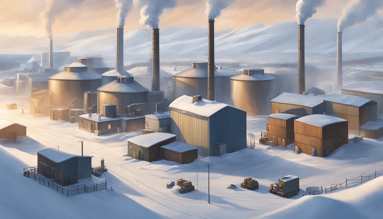 A cluster of sturdy, insulated buildings surrounded by snow and ice. Smoke rises from chimneys as industrial equipment sits dormant in the frigid Arctic landscape