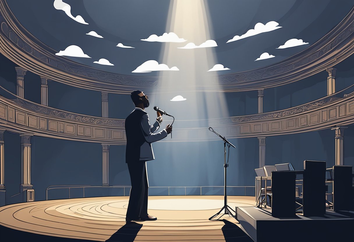 A shadowy figure watches as a spotlight illuminates a microphone on an empty stage, surrounded by swirling clouds of controversy