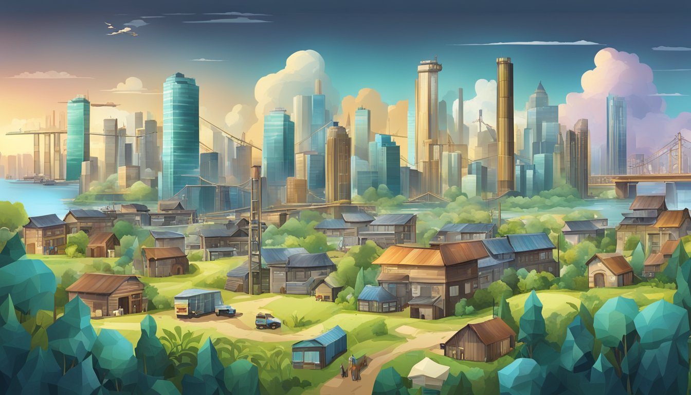 A bustling city skyline with contrasting scenes of wealth and poverty, surrounded by natural resources and industrial infrastructure