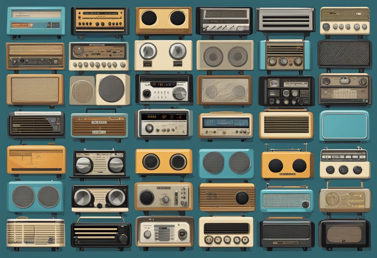 A collection of vintage radios, each tuned to SiriusXM, with a progression of music genres and eras depicted through the evolution of deep tracks