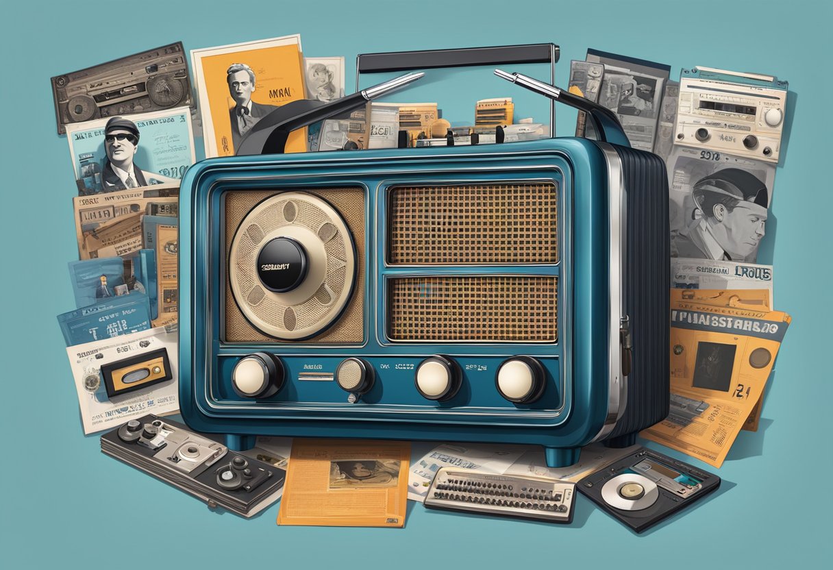 A vintage radio with deep tracks playing on SiriusXM, surrounded by iconic memorabilia and posters of famous hosts and personalities