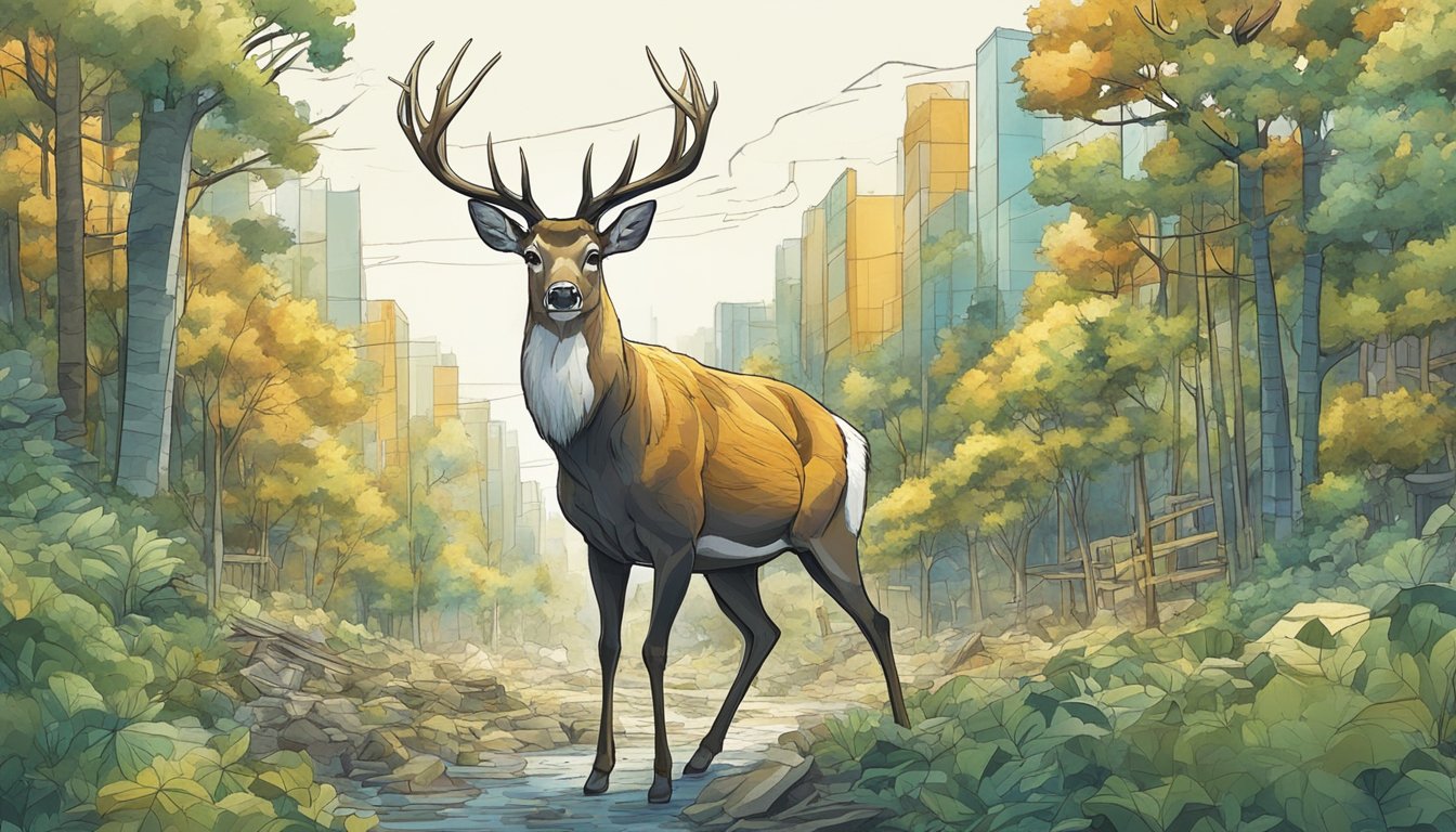 A deer cautiously navigates through a fragmented forest, surrounded by encroaching suburban development