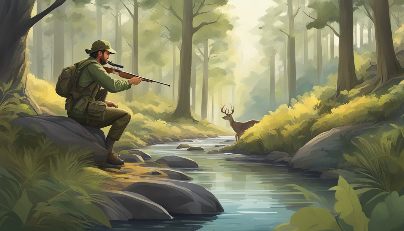 A serene forest with diverse wildlife, a clear stream, and a hunter practicing ethical hunting methods