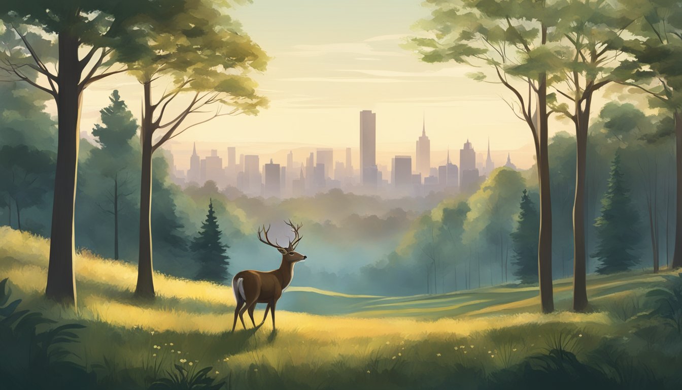 A serene forest clearing with a deer peacefully grazing as a city skyline looms in the distance. Wildlife and urban sprawl coexist in harmony