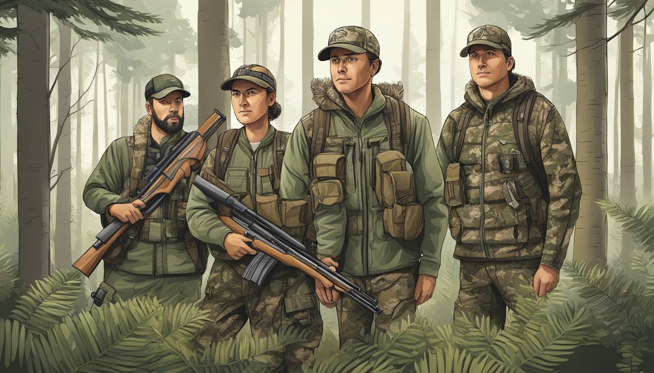 A group of hunters in camouflage gear, surrounded by a pristine forest, holding ethical hunting gear and promoting conservation efforts