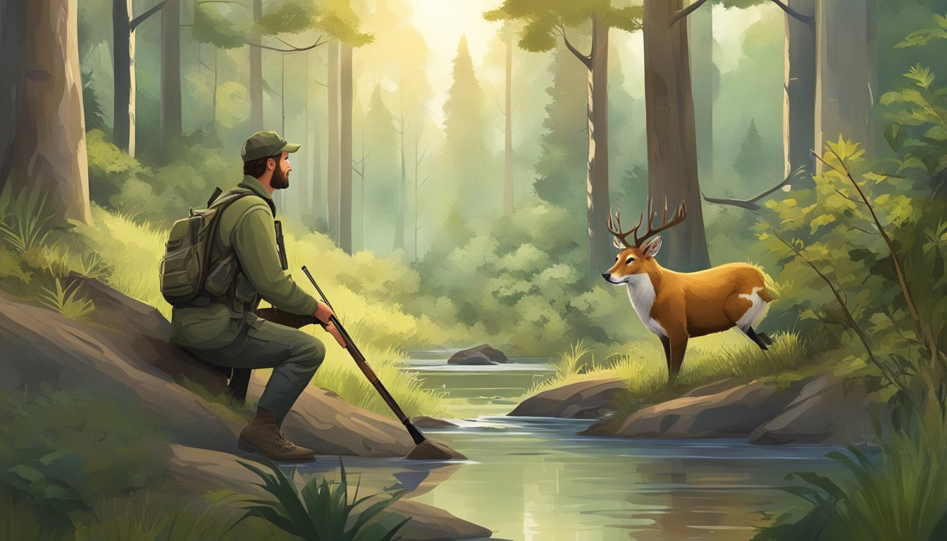 A serene forest with diverse wildlife, a hunter practicing ethical hunting methods, and a positive interaction with the environment