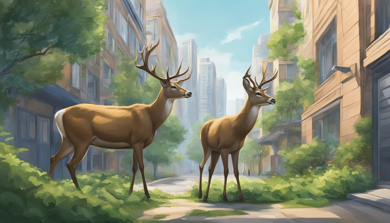 A deer cautiously navigates through a patch of urban greenery, surrounded by encroaching buildings and roads