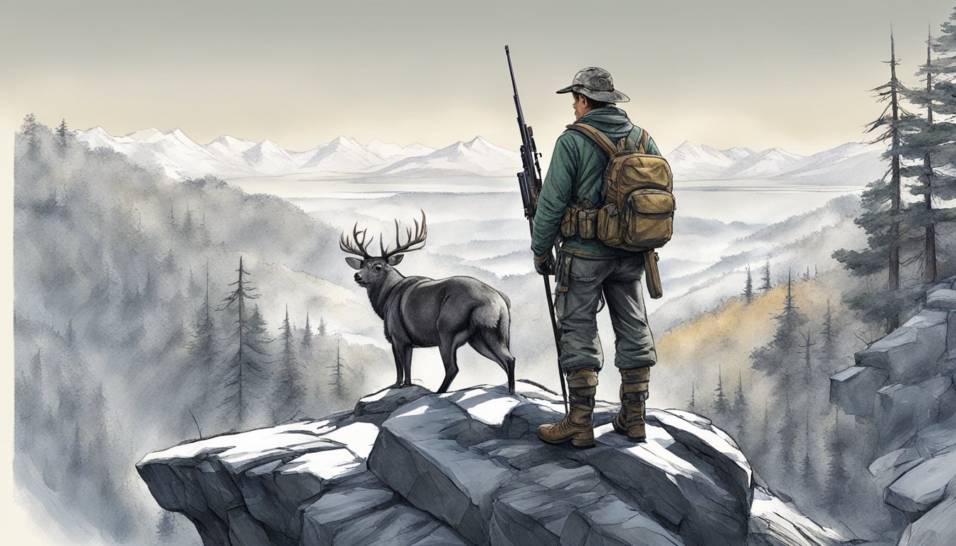 A hunter stands atop a rugged ridge, scanning the terrain below. Advanced gear and techniques are displayed, emphasizing the art of reading ridges for successful hunts