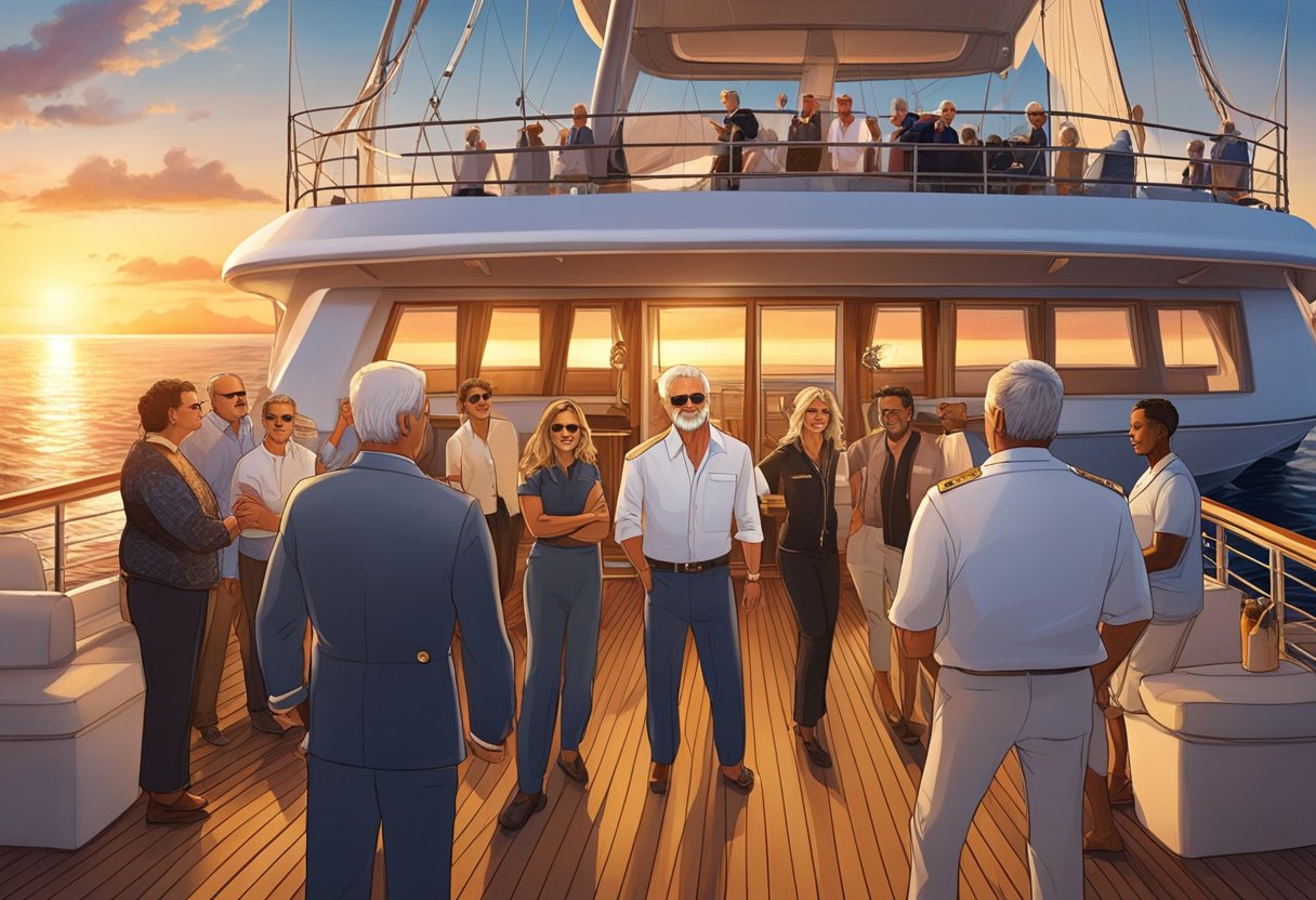 Captain Lee stands on the deck, surrounded by crew and guests. The sun sets behind the yacht as they sail into the horizon