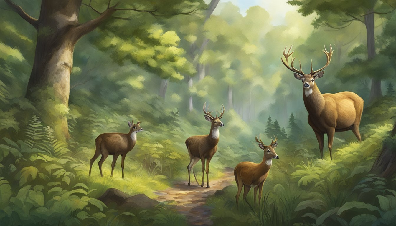 A lush forest with diverse wildlife, including deer, turkeys, and other game species, thriving in their natural habitat