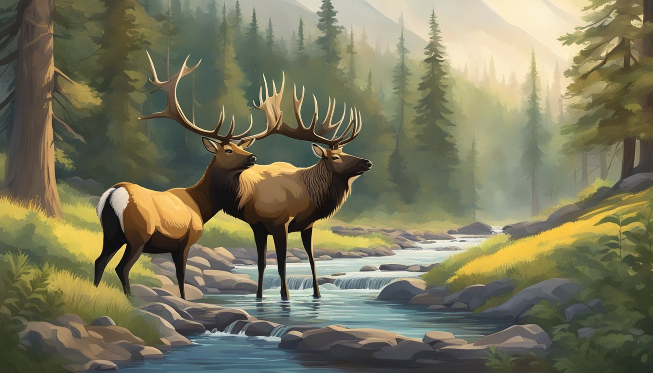 A serene forest scene with a majestic elk drinking from a stream, while a diverse array of wildlife thrives in the lush, protected habitat