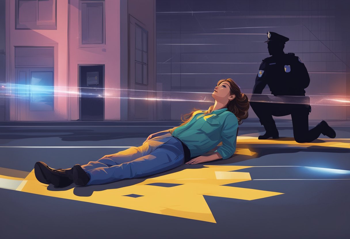 A woman's silhouette is shown lying on the ground, surrounded by police tape and flashing lights