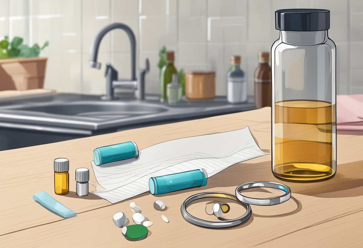 A broken wedding ring lies on the kitchen counter, next to a note and an empty bottle of pills