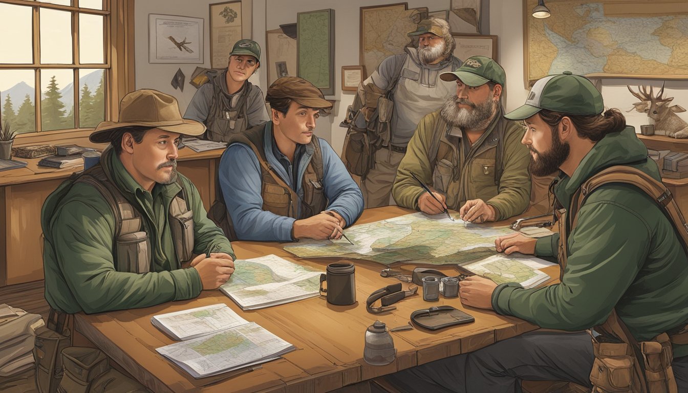 A group of hunters and conservationists gather around a table, discussing wildlife policies and conservation efforts. Maps, charts, and hunting gear are scattered around the room, indicating the intersection of hunting and conservation