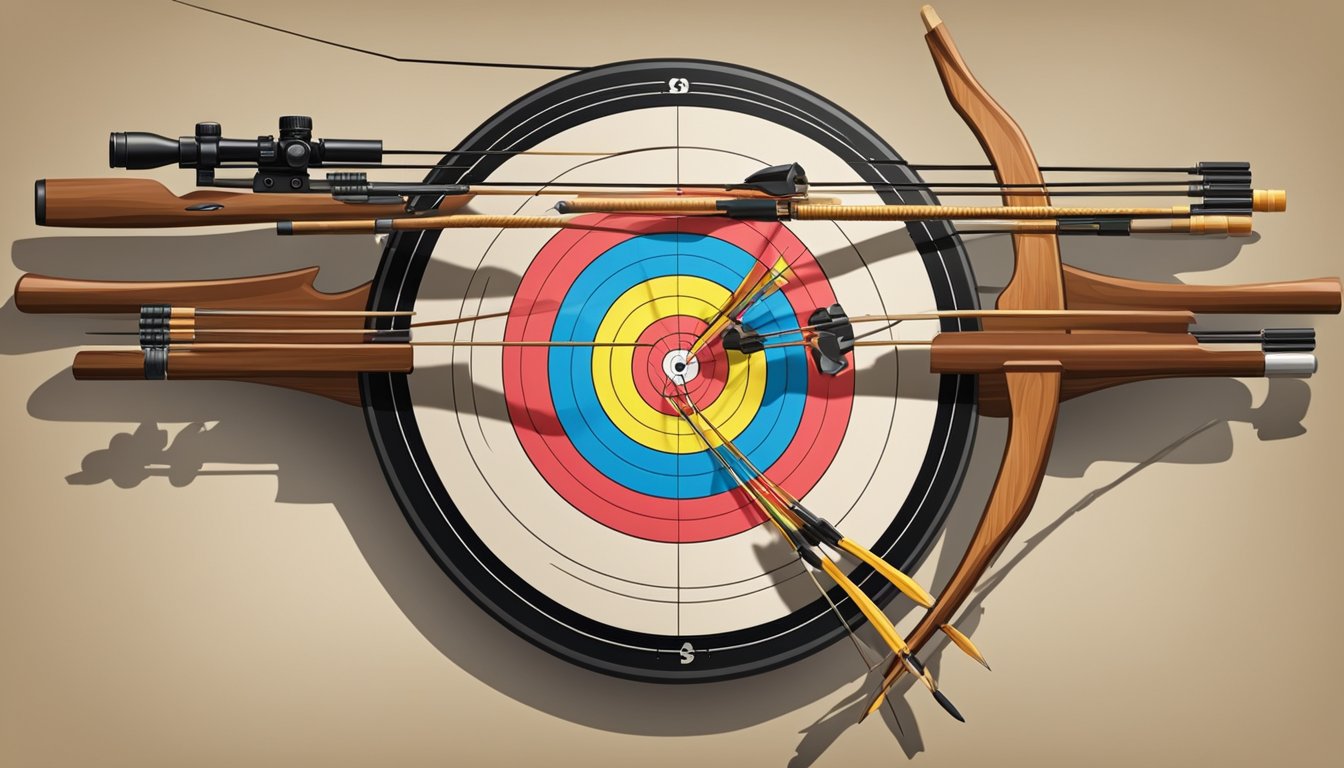 A traditional archery target with a crossbow bolt embedded in the center, surrounded by traditional archery equipment and a modern crossbow