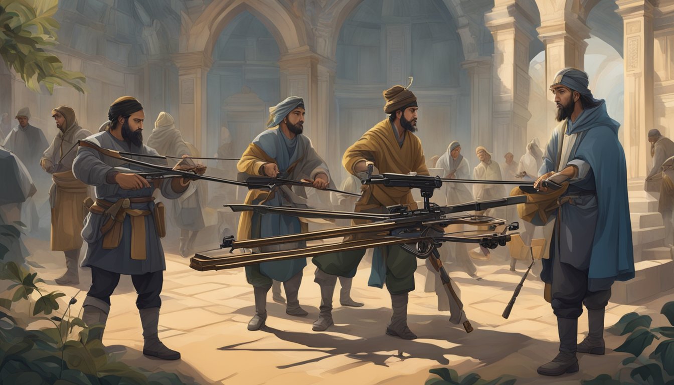 A diverse group of people accessing crossbows in a traditional setting, surrounded by controversy and new technology