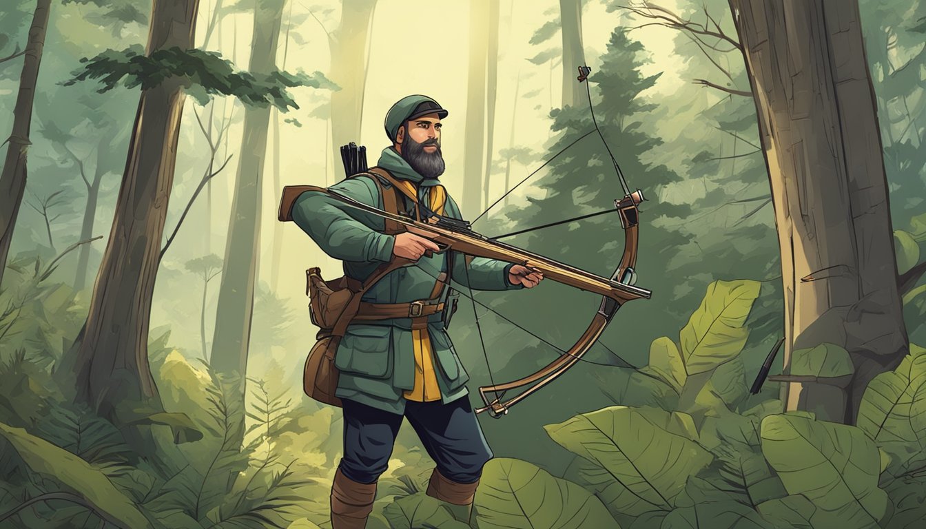 A hunter in traditional attire uses a modern crossbow in a forest, surrounded by debate and controversy