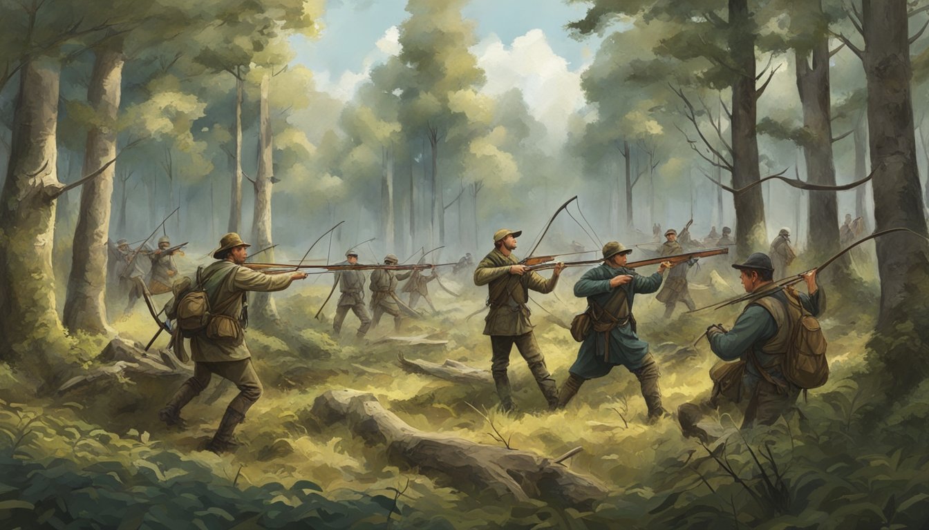 A forest clearing with hunters using traditional bows and others using modern crossbows, surrounded by debate and controversy